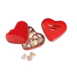 Small heart-shaped metal tin with heart-shaped sweets red colour third main view