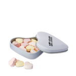 Small heart-shaped metal tin with heart-shaped sweets view with print area