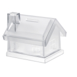 Money box in a house shape, transparent plastic transparent colour