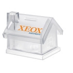 Money box in a house shape, transparent plastic transparent colour main view