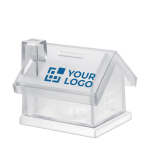 Money box in a house shape, transparent plastic transparent colour view with print area