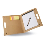 Recycled cardboard folder with notepad, coloured notes and pen beige colour third view