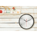 Attractive analogue wall clock made of aluminium and plastic black colour fourth ambient view