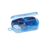 Mini set with stapler, staples, tape roll and hole punch, box transparent blue colour second view