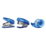 Mini set with stapler, staples, tape roll and hole punch, box transparent blue colour third view