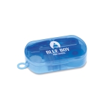 Mini set with stapler, staples, tape roll and hole punch, box transparent blue colour main view