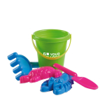 Beach set for children. bucket, shovel, rake and 2 sand molds view with print area