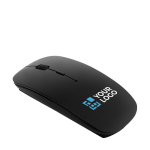 Battery-operated wireless mouse, glossy plastic black colour view with print area