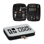 Practical tool set in an aluminium case black colour view with print area