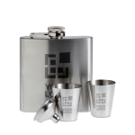 Set of hip flask, 2 shot glasses and funnel view with print area