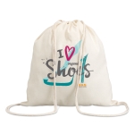 Cotton drawstring backpacks as a trade fair gift, 100 g/m2 beige colour fourth main view