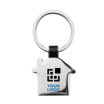 Elegant, shiny nickel keyring, house-shaped black colour view with print area