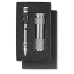 Elegant set with aluminium ballpoint pen and flashlight titanium colour