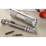 Elegant set with aluminium ballpoint pen and flashlight titanium colour ambient view