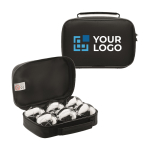 Boules game with metal balls in a bag for events black colour view with print area