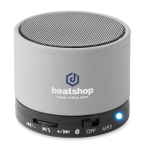 Round Bluetooth speaker with coloured LEDs matt silver colour main view