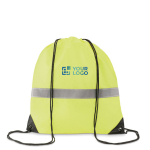 Polyester drawstring bag with reflective stripe neon green colour view with print area