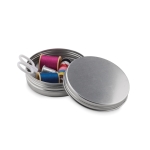 Sewing kit in a metal box as a promotional gift for travel matt silver colour