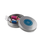 Sewing kit in a metal box as a promotional gift for travel matt silver colour main view