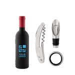 Wine accessory set in decorative bottle with magnetic closure view with print area