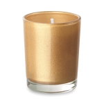 Candles in coloured glass with various scents gold colour