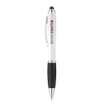 Ballpoint touch pen with white barrel & blue ink black colour image with logo