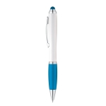 Ballpoint touch pen with white barrel & blue ink light blue colour