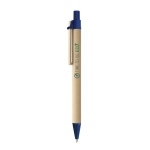 Recycled paper ballpoint pen with wooden clip blue colour image with logo