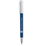 Metal-effect pen rotating and blue ink blue colour image with logo