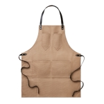 Waxed canvas apron, with pockets and leather strap for cooking taupe colour