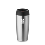 Stainless steel mug with drink opening and safety cap, 400 ml matt silver colour view with print area