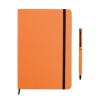 Lined DIN notebook with coloor-matched ballpoint pen, A5 orange colour