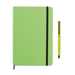 Lined DIN notebook with coloor-matched ballpoint pen, A5 lime colour