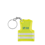 Affordable keyring in the shape of a reflective safety vest view with print area