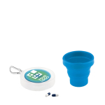 Keyring with foldable cup and pill box blue colour view with print area