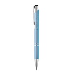 Aluminium pen with push mechanism, blue ink light blue colour image with logo