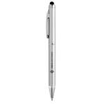 Plastic touch pen with metal surface, black ink, eTop matt silver colour image with logo