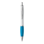 Ballpoint pen white barrel rubber grip light blue colour first view