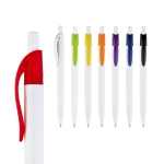 White ballpoint pen coloured clip black ink various colours