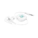 Earphones in case, Compact white colour image with logo