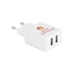 Plug and charger with 2 USB ports: 2 5V/1-2.1A, Square white colour image with logo