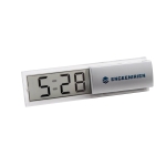 Digital table clock with calendar display in silver matt silver colour image with logo