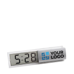 Digital table clock with calendar display in silver main view