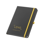 Notebook faux leather cover and colour details, A5 yellow colour image with logo