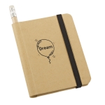 Cardboard notebook with recycled paper and pencil, A7 natural colour image with logo