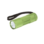 Coloured aluminium flashlight with 9 LEDs and strap light-green colour