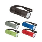 Coloured aluminium flashlight with 9 LEDs and strap various colours