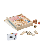 Dominoes Mikado cards, dice games in wooden box main view