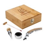 Bamboo wine set with 4 pieces in bamboo box light wood colour image with logo