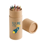 Round cardboard cylinder 12 coloured pencils brown colour image with logo